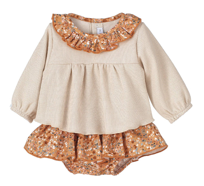 Beige and Soft Tan Floral Top and Frilled Bloomer Set
