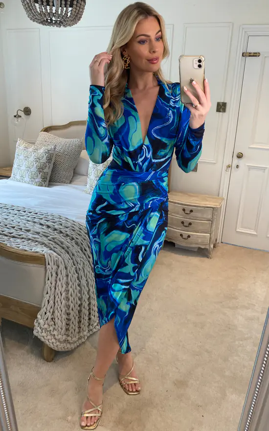 Plunge Neck Faux Wrap Midi Dress in Blue Abstract
