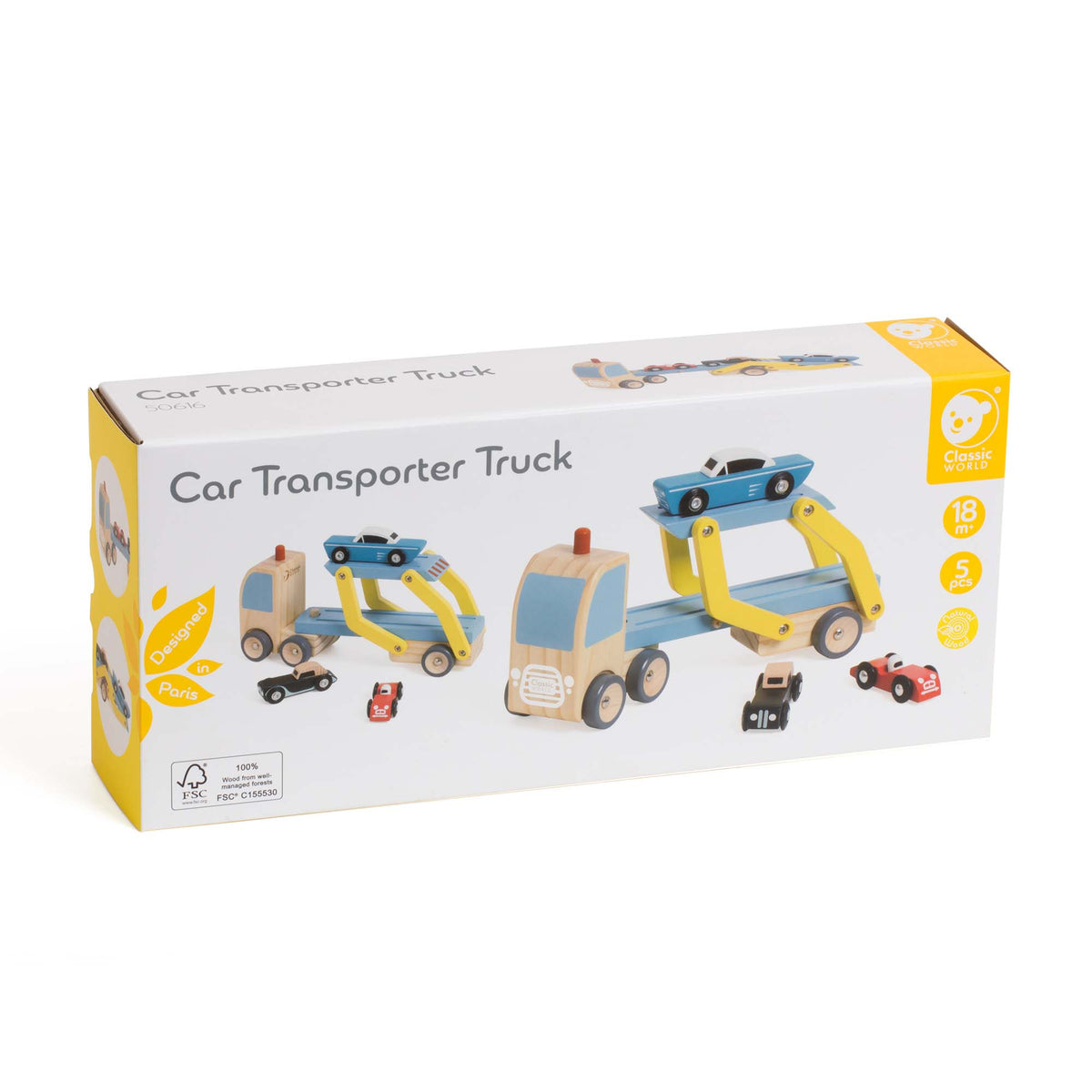 Classic World Wooden FSC Car Transporter Kids Toy Truck