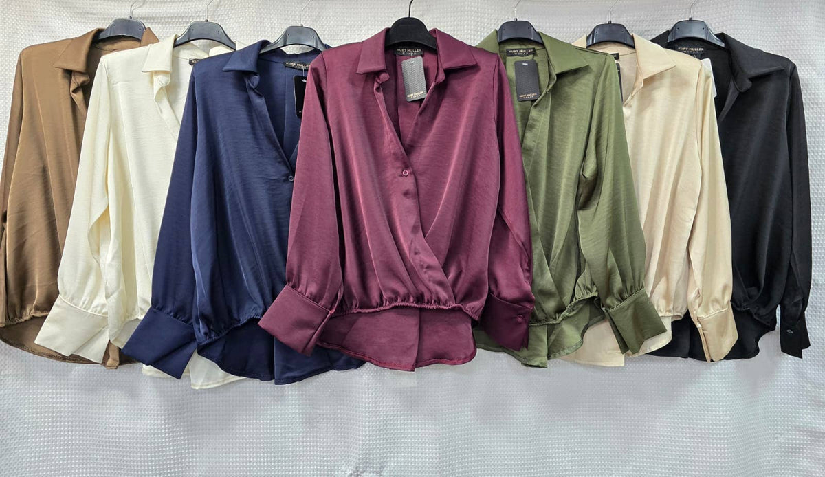 Sateen V Collar High Low Padded Shoulder Blouse
