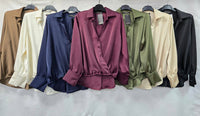 Sateen V Collar High Low Padded Shoulder Blouse