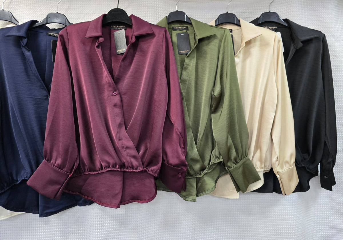 Sateen V Collar High Low Padded Shoulder Blouse