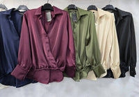 Sateen V Collar High Low Padded Shoulder Blouse