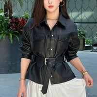 Edgy Faux Leather Belted Jacket in Black