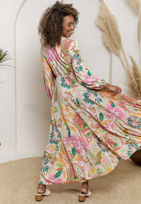 Pink Floral Print Long Sleeve Maxi Dress with Crochet Detail