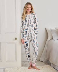 Petite Tennis Dogs Print Long Pyjama Set - Cream