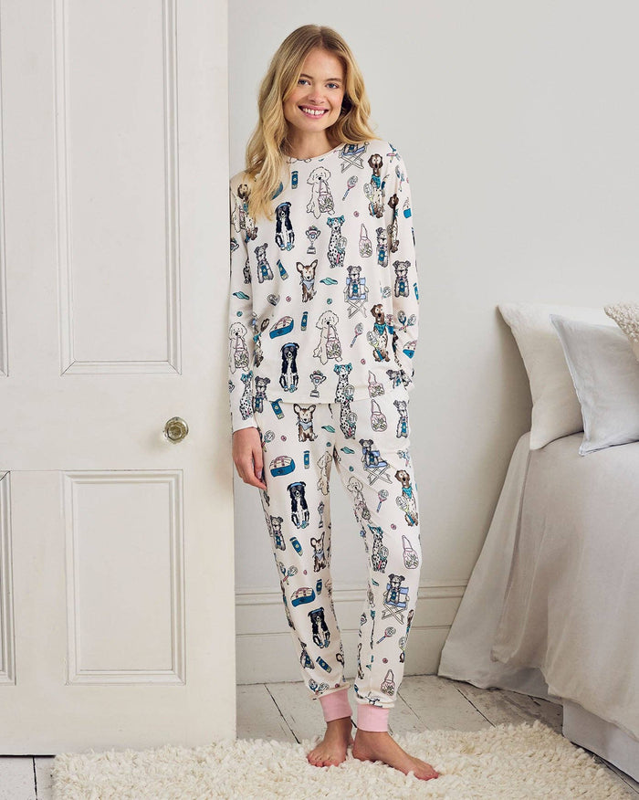 Petite Tennis Dogs Print Long Pyjama Set - Cream
