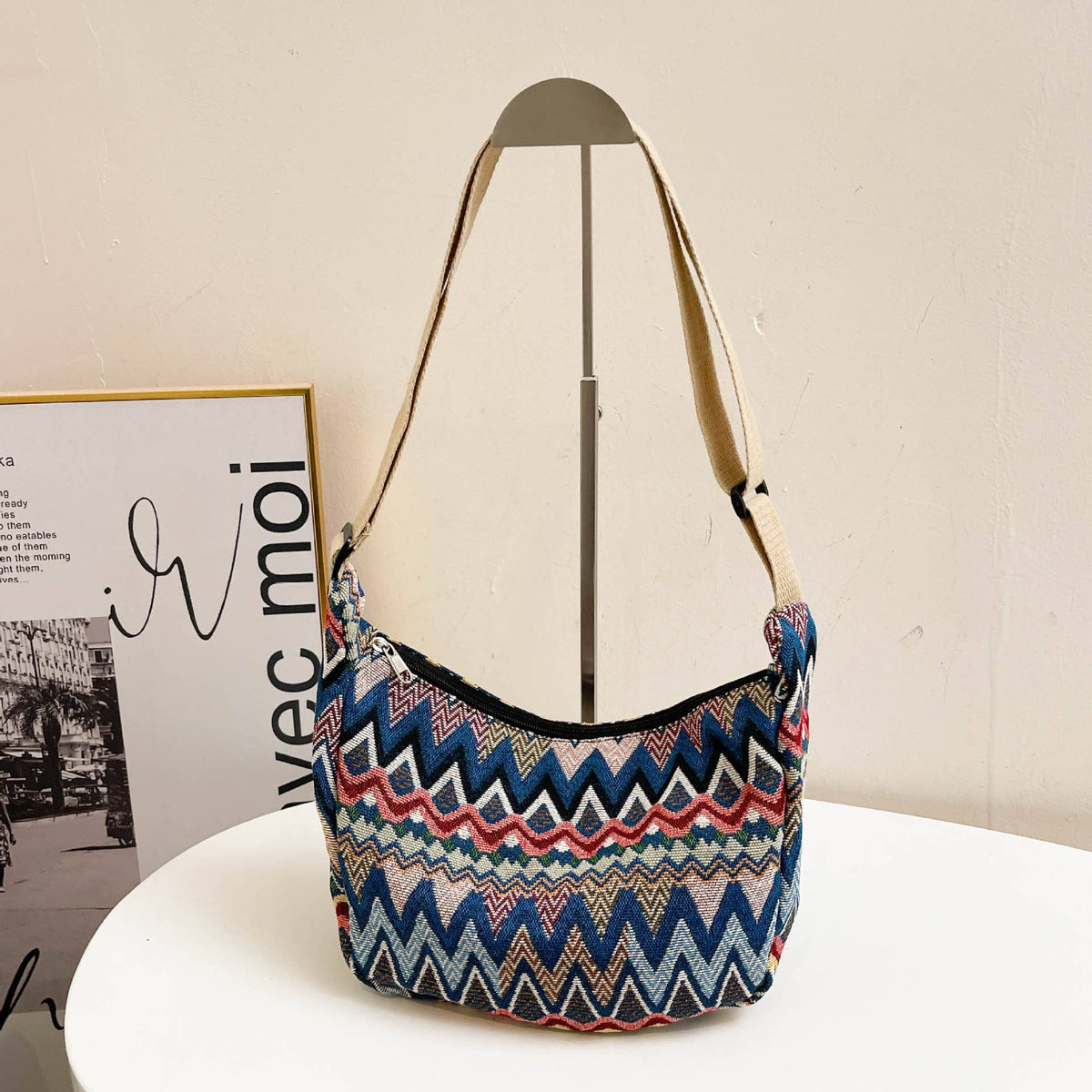 Medium Size Multicolour Zigzac Print Canvas Shoulder Bag