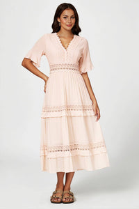 V Neck Lace Detail Midi Dress In Soft Champagne