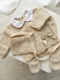 3 Piece Knit set with Satin Bow and Peter Pan Collar Detail