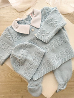 Baby Boys - 3 Piece Knit Set in Powder Blue with Waffle Design