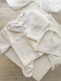3 Piece Knit Set in White with Tiny Blue Button Detail or Beige
