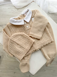 3 Piece Knit Set in White with Tiny Blue Button Detail or Beige