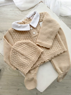 3 Piece Knit Set in White with Tiny Blue Button Detail or Beige