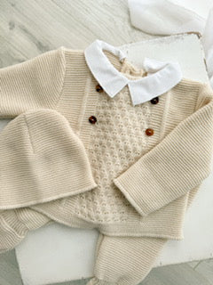 Beige 3 Piece Knit set with Button Detail and Peter Pan Collar