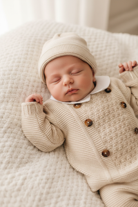 Beige 3 Piece Knit Outfit with Button Detail and Peter Pan Collar