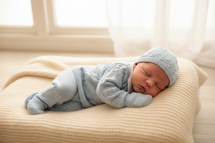 Baby Boys - 3 Piece Knit Outfit in Powder Blue with Waffle Design