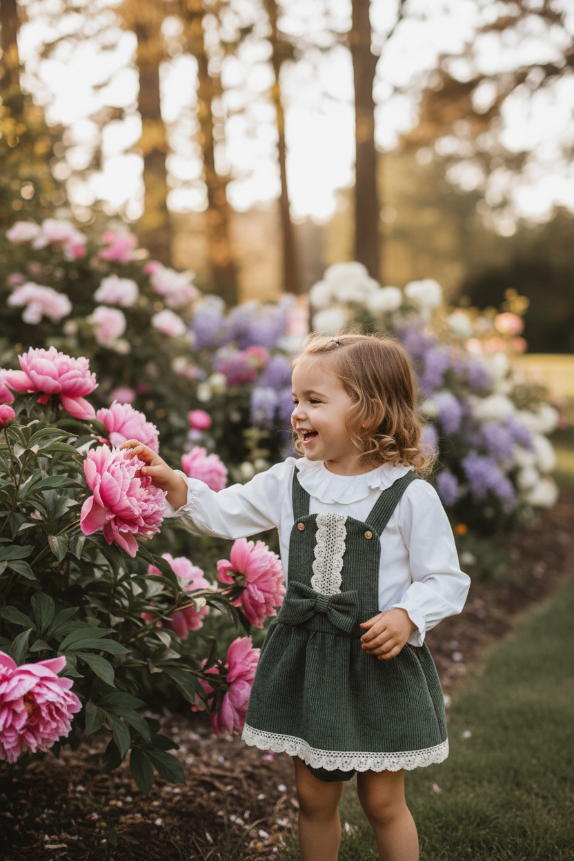 Green Corduroy Pinafore with White Blouse