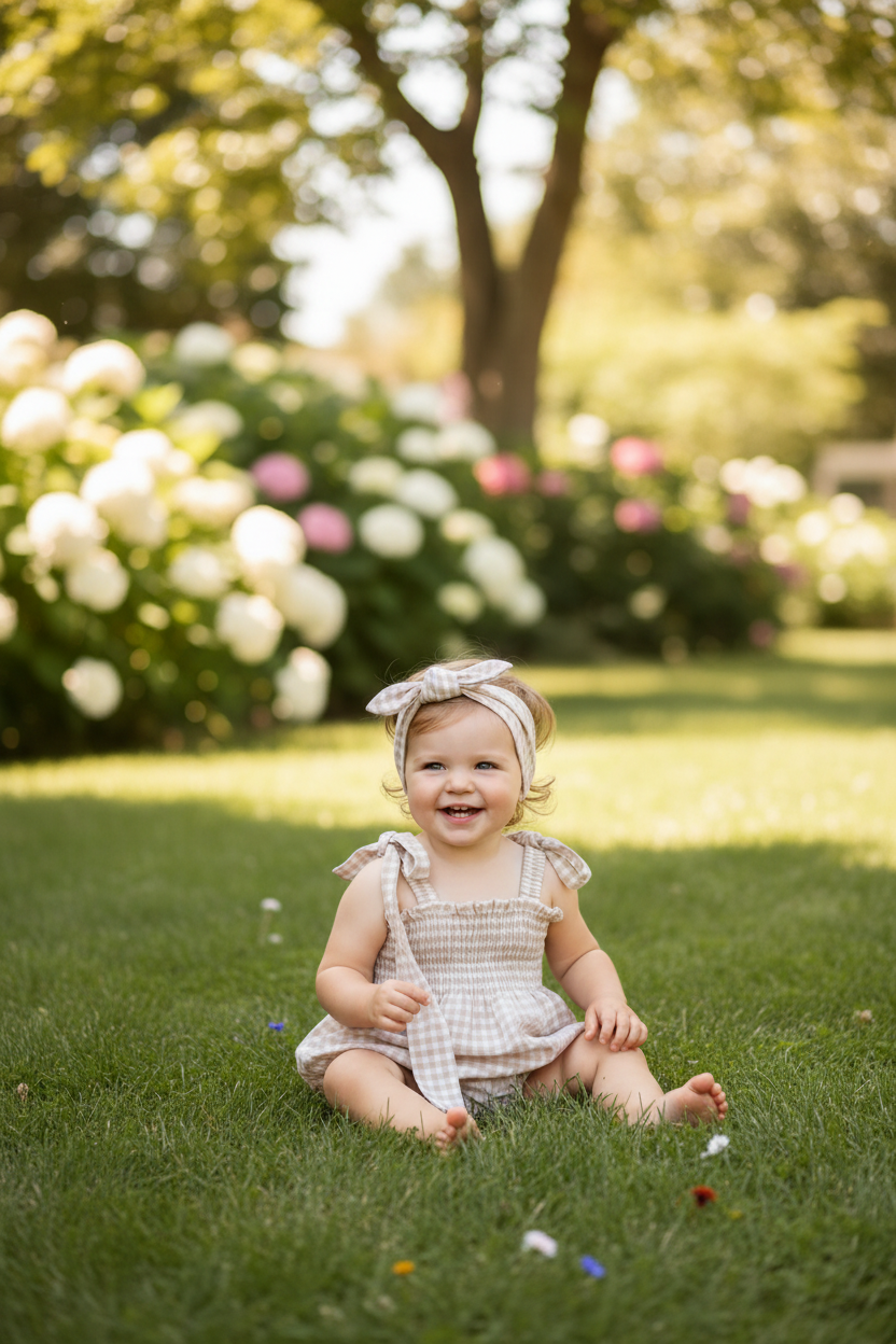 Gingham and Plain Romper With Matching Tie Headband