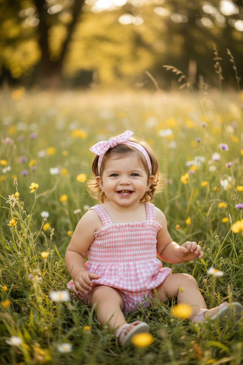 Gingham and Plain Romper With Matching Tie Headband