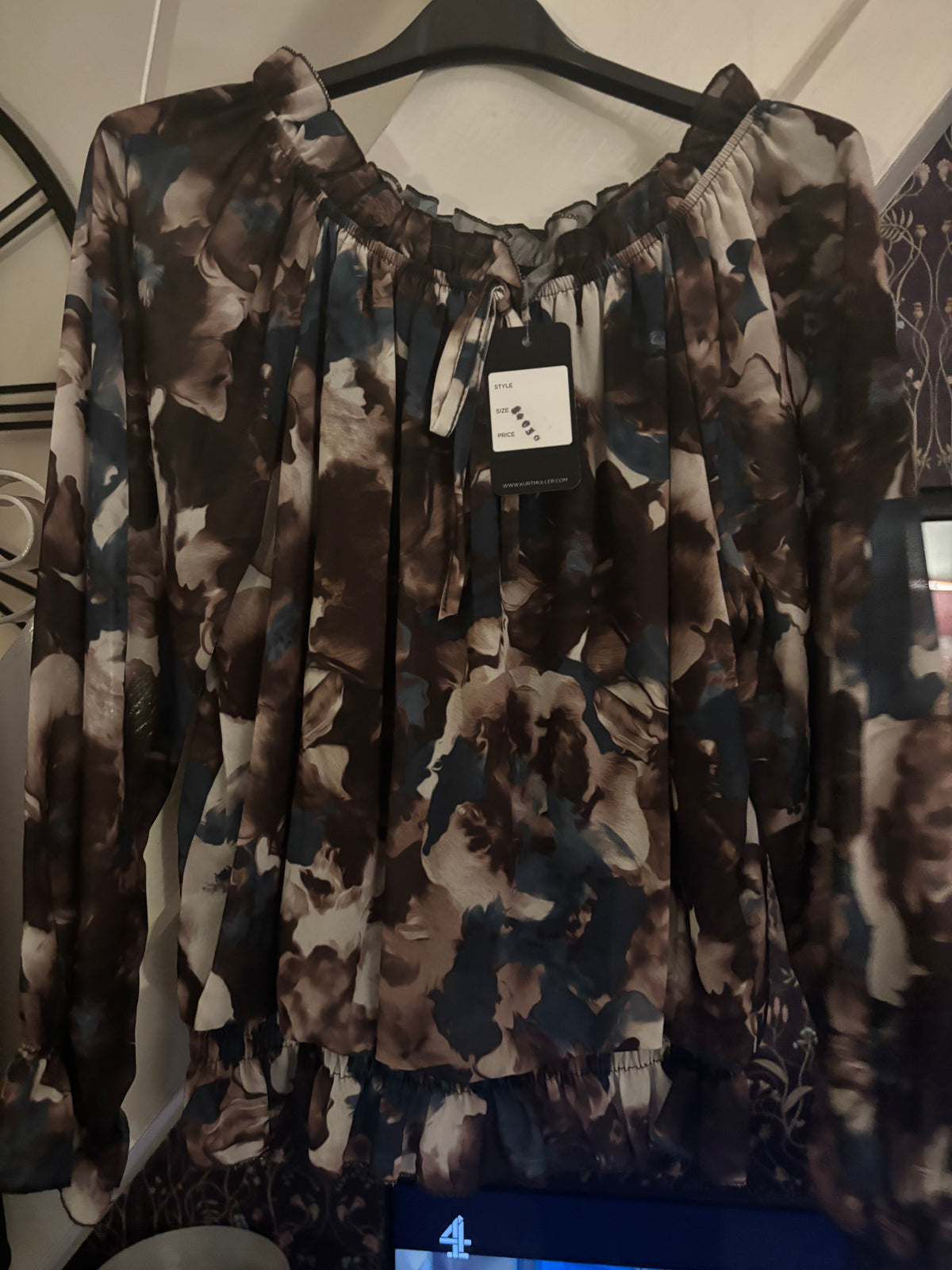 Abstract Floral Ruffle Bardot Blouse