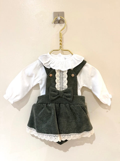 Green Corduroy Pinafore Dress with White Cotton Blouse