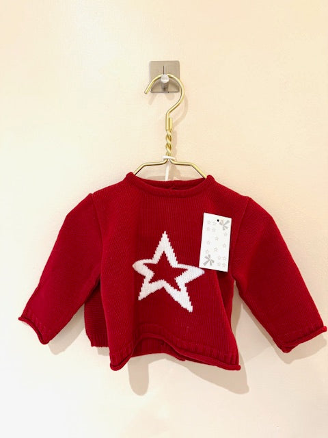 Red 3 Piece Knit Set with White Star Detail and Matching Red Bobble Hat with White Pom-Pom