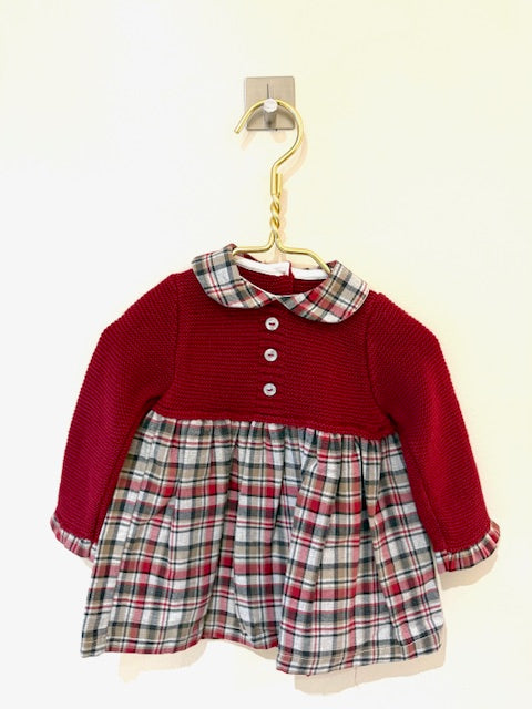 Traditional Winter and Christmas Dress with Knit Bodice in Burgundy with Check Skirt