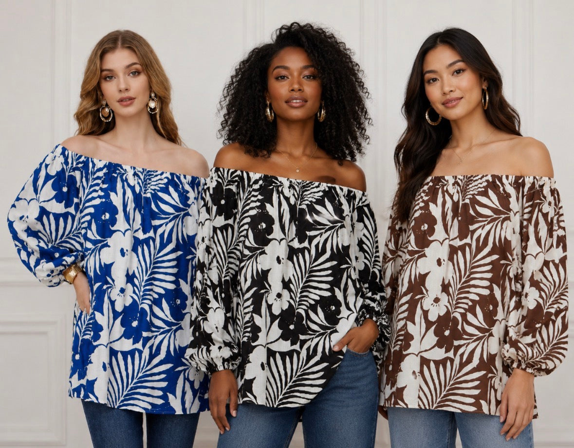 Floral Print Linen Blend Off-Shoulder Top with Rhinestone De