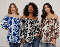 Floral Print Linen Blend Off-Shoulder Top with Rhinestone De