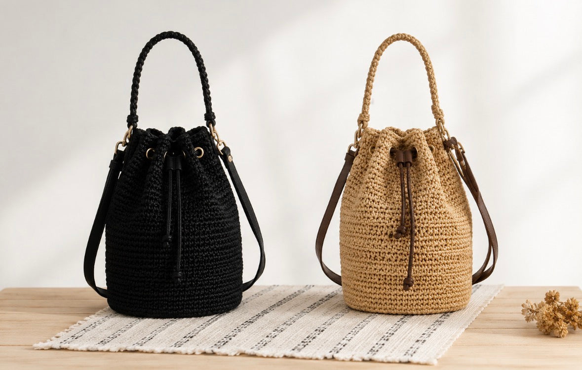 Medium Size Draw String Two-toned Paper Straw Bucket Bag
