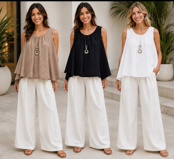 Italian Womens Cotton Crinkle Necklace Oversized Tunic Top