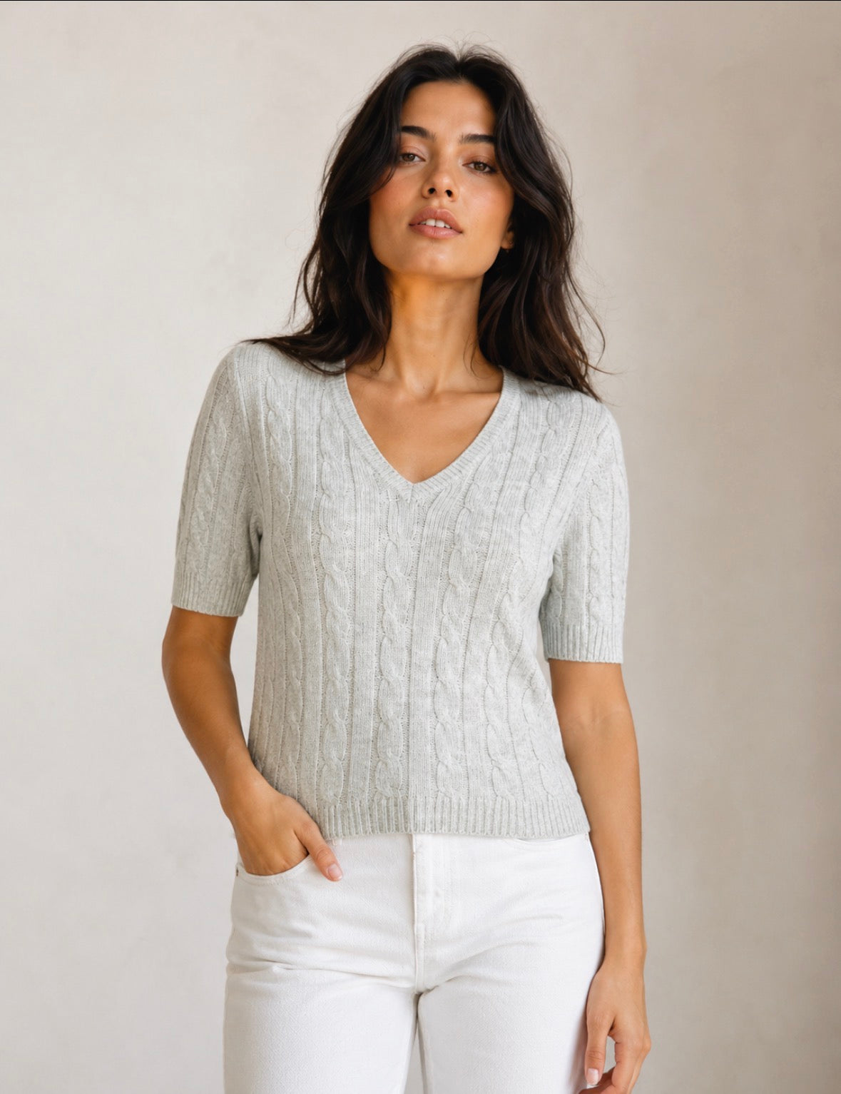 Cable V Neck Pure Cotton Fine Knit