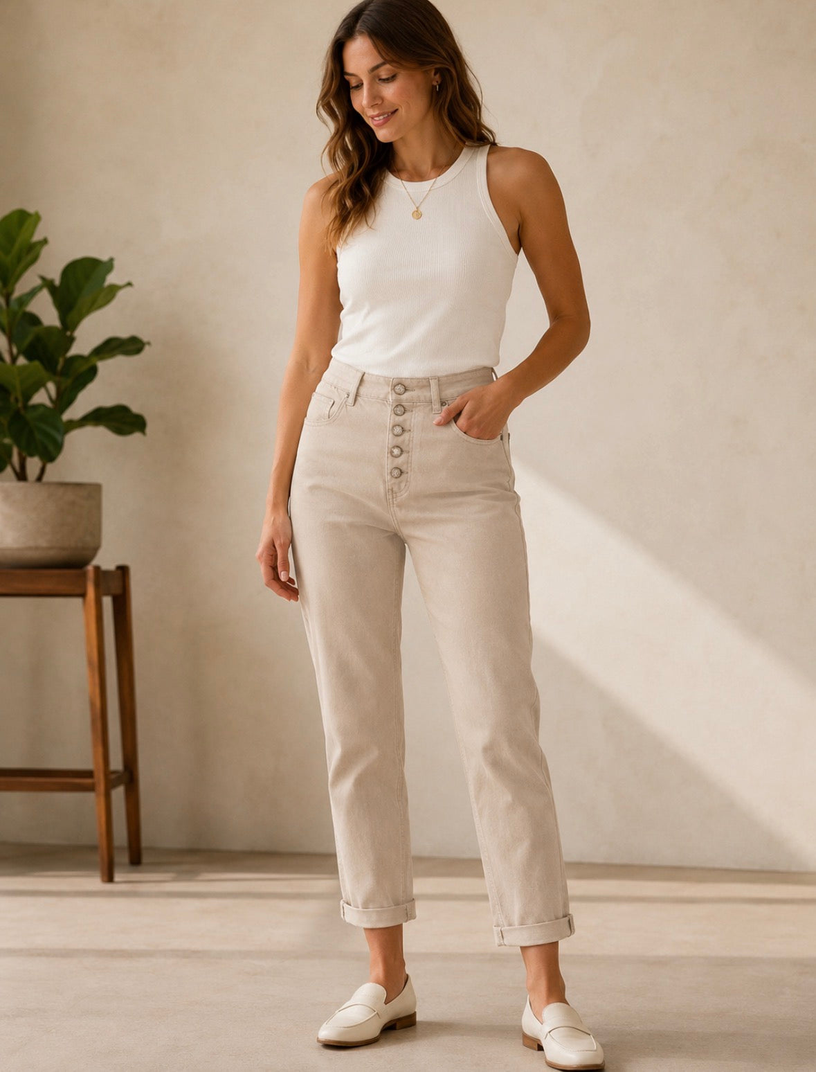 Beige Embellished Button Turn Up Hem Voggo Ankle Grazer Jeans