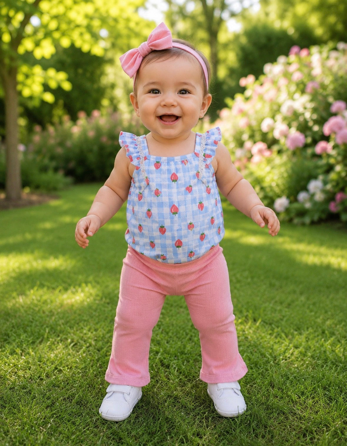 Three Piece Pink Strawberry Patterned trousers set