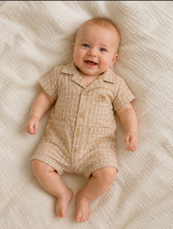 Baby Boys Chequered Romper with Pockets - Bunny - 6309