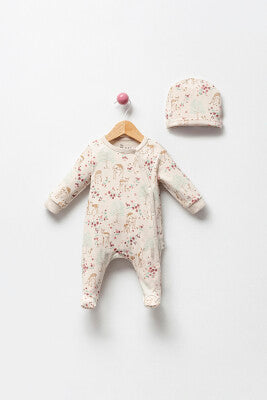 Baby Sleepsuit & Hat Set – Deer & Floral Design, Soft Cotton Comfort