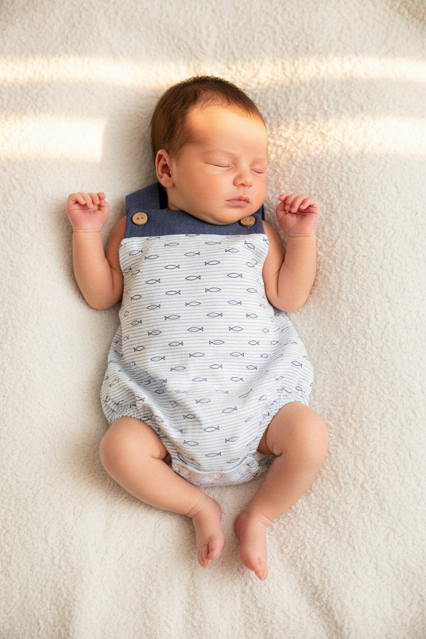 Blue and White Romper with Fish Motif