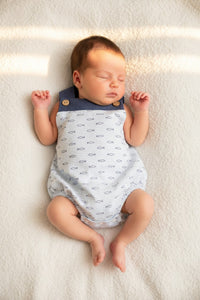 Blue and White Romper with Fish Motif
