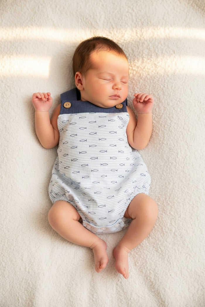 Blue and White Romper with Fish Motif