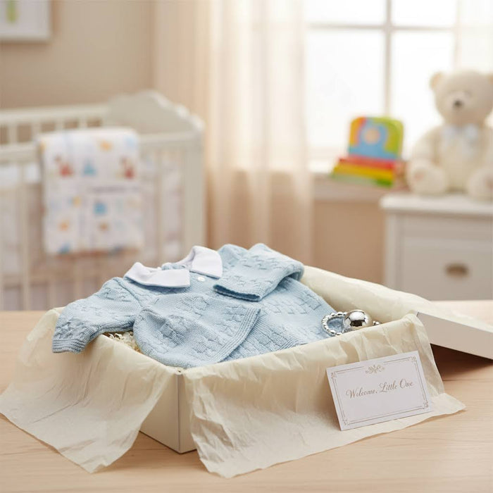 Baby Boys - 3 Piece Knit Outfit in Powder Blue with Waffle Design