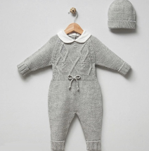 Grey Knitted All in one, Peter Pan Collar. Two piece set with Hat
