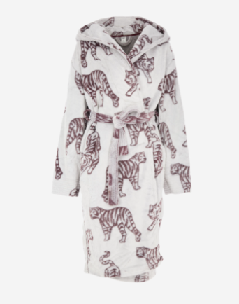 Women's Chelsea Peers Off White & Brown Tiger Graphic Plush Hooded Robe