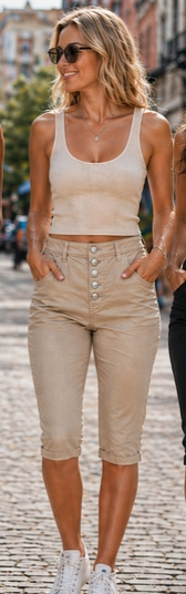 Silver Button Detail Capri Cotton Stretch Voggo Short Jeans