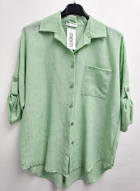 Italian One Size Full Button Linen Shirt Blouse with Pocket