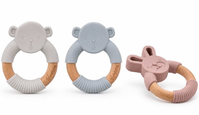 Bambino Wood & Silicone Teethers - Bunny & Teddy Designs 3 Colours