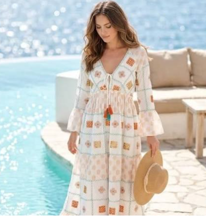 Womens Embroidered Boho Cotton Maxi Dress - 2 colours