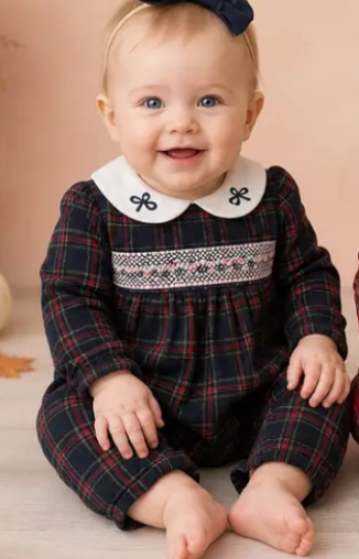 Baby tartan smock romper - Navy - 41703