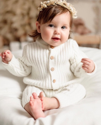 Two Piece Knitted Baby Outfit : Cardigan & Trousers