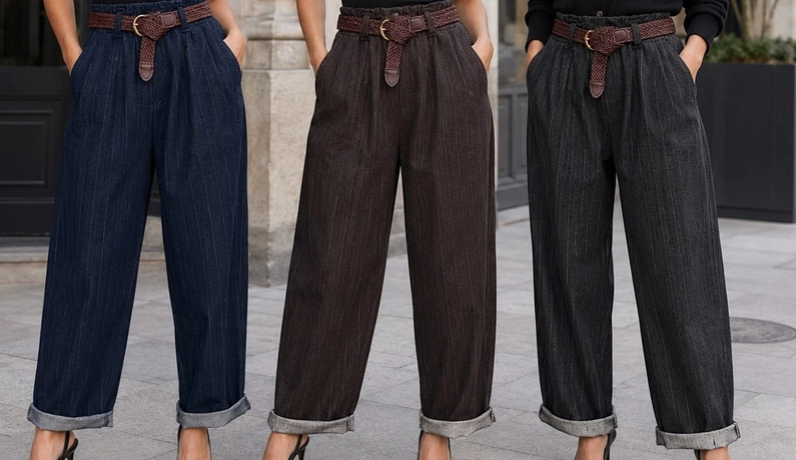 Belted Tweed Effect Trousers